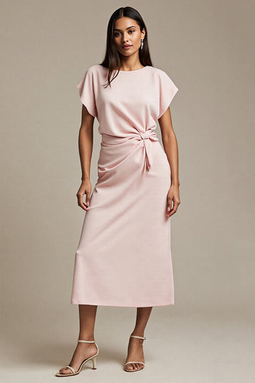 Pink Sheath Round Neck Midi Work Dress